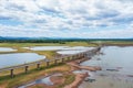 An aerial view of the railway bridge over a reservoir in Pasak Chonlasit Dam