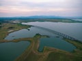 Aerial view of railway crossing pasak dam in lopburi central of