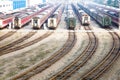 Aerial view for the Railway Hub with many row of carriages parking.