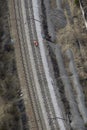 Aerial view of railway lines with workers.