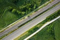 Aerial view, railway and road in rural landscape.