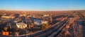 Aerial view of the railway track, hotel, general dealer and police station buildings of the abandoned railway town called