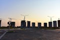 Aerial view of railway yard with freight rail wagons. Cargo trains with goods on railroad. Freight train with petroleum tank cars Royalty Free Stock Photo