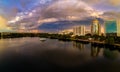 Aerial view of a rainbow and cloudy sky over Lake Eola in Orlando Royalty Free Stock Photo