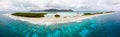 Aerial view of Raivavae island. Tubuai Islands Austral, French Polynesia, Oceania. Reef, motu, lagoon.