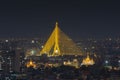 Aerial view of Rama 8 Bridge and Golden Mount or Wat Saket in Rattanakosin Island in architecture, Urban old town city, Bangkok