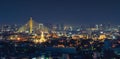 Aerial view of Rama 8 Bridge and Temple of Dawn or Wat Arun in Rattanakosin Island in architecture, Urban old town city, Bangkok