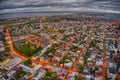 Aerial View of the rapidly growing Urban Center of Reykjavik, Iceland at Night during Summer Royalty Free Stock Photo