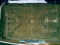 Aerial view of real soccer pitch, football field drone pov Royalty Free Stock Photo