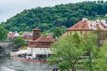 Aerial view of the red rooftops at the Lesser Town Mala Strana district in Prague, Czech