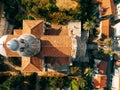 Aerial view of the red tiled roof and dome of the Church of the Nativity of the Virgin in Prcanj Royalty Free Stock Photo