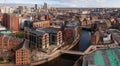 Aerial view of redeveloped warehouses along The Leeds to Liverpool canal in Leeds city centre Royalty Free Stock Photo