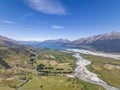 aerial view of Rees River, Dart River and the Glenorchy-Paradise Road with Glenorchy and Lake Wakatipu in the background. Royalty Free Stock Photo