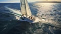 Aerial view of Regatta sailing ship yachts with white sails at open sea. Generative AI