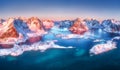 Aerial view of Reine and Hamnoy at sunrise in winter Royalty Free Stock Photo