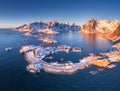 Aerial view of Reine and Hamnoy at sunset in winter