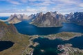 Aerial view of Reine, Lofoten islands, Norway. The fishing village of Reine. Spring time in Nordland. Blue sky. View from above Royalty Free Stock Photo