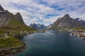 Aerial view of Reine, Lofoten islands, Norway. The fishing village of Reine. Spring time in Nordland. Blue sky. View from above