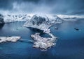 Aerial view on the Reine, Lofoten islands, Norway. Mountains and ocean. Landscape from drone. Royalty Free Stock Photo