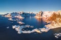 Aerial view on the Reine, Lofoten islands, Norway. Mountains and ocean. Landscape from drone. Royalty Free Stock Photo