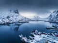 Aerial view of Reine in overcast day in winter in Lofoten, Norway Royalty Free Stock Photo