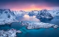 Aerial view of Reine at sunset in winter. Top view of Lofoten