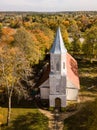 Aerial view of Renda lutheran church in sunny autumn day, Latvia