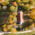 Aerial view of Renda lutheran church in sunny autumn day, Latvia