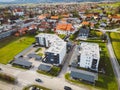 Aerial view of residential area with two new build residential buildings in a small town in Slovenia