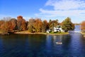 The aerial view of the residential area and waterfront homes surrounded by colorful fall foliage near Wellesley Island, New York, Royalty Free Stock Photo