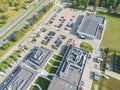 Aerial view of residential houses neighborhood and apartment building complex at sunset. Tightly packed homes, driveway surrounds Royalty Free Stock Photo