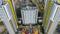 Aerial view of residential houses in suburban area, housing development. Journey. Flying above the new district in the Royalty Free Stock Photo