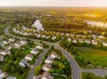 Aerial view of residential quarters at early sunrise. Beautiful Town Urban landscape at dawn