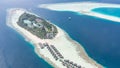 Aerial view of water bungalow and blue sea sky background in Maldives
