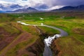 Aerial view of Reykjafoss waterfall located near Varmahlid in Iceland