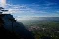 Aerial view of Rhine valley and Swiss Alps seen from visitor platform of Karren. Vorarlberg, Austria.