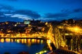 Aerial view of Ribeira area in Porto, Portugal during a night with river Royalty Free Stock Photo