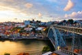 Aerial view of Ribeira area in Porto, Portugal during a sunny evening with river Royalty Free Stock Photo