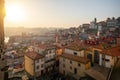 Aerial view of Ribeira and Baixa at Sunset with Church of Nossa Senhora da Vitoria and Stock Exchange Palace - Porto, Portugal