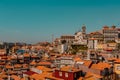 Aerial view of Ribeira District in Porto, Portugal at a beautiful sunset Royalty Free Stock Photo