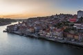 Aerial view of the Ribeira Neighbourhood and the Douro River with Rabelo Boats, in the city of Porto Royalty Free Stock Photo
