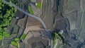 Aerial view of rice terraces in the mountains of northern Thailand. Beautiful scenery of the terraced farming season