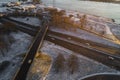Aerial view of Riga elevated road junction and interchange overpass at winter sunset time Royalty Free Stock Photo