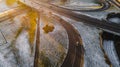 Aerial view of Riga elevated road junction and interchange overpass at winter sunset time Royalty Free Stock Photo