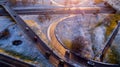 Aerial view of Riga elevated road junction and interchange overpass at winter sunset time Royalty Free Stock Photo