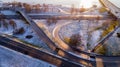 Aerial view of Riga elevated road junction and interchange overpass at winter sunset time Royalty Free Stock Photo