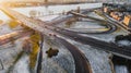 Aerial view of Riga elevated road junction and interchange overpass at winter sunset time Royalty Free Stock Photo