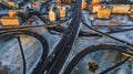 Aerial view of Riga elevated road junction and interchange overpass at winter sunset time Royalty Free Stock Photo