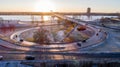 Aerial view of Riga elevated road junction and interchange overpass at winter sunset time Royalty Free Stock Photo