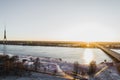 Aerial view of Riga elevated road junction and interchange overpass at winter sunset time Royalty Free Stock Photo